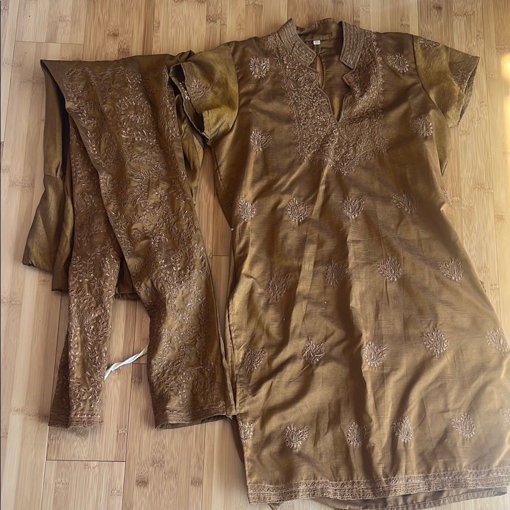 Beautiful deep gold embroidered long top with matching leggings